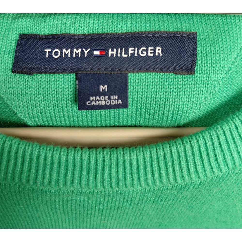 Tommy Hilfiger Sweater Mens Sz M Knit Striped Green Navy White Preppy Crest Logo - Picture 5 of 14